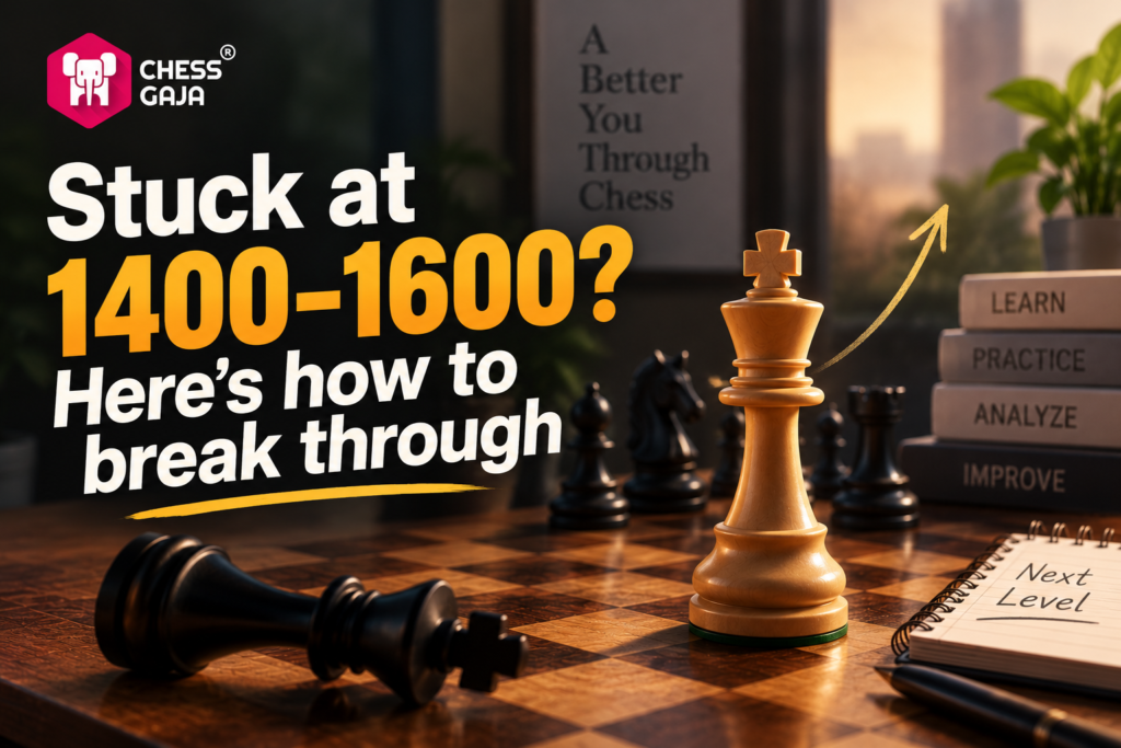 A chessboard with a white king in focus, text reads: “Stuck at 1400-1600? Here’s how to break through,” with notepad and motivational words in the background.