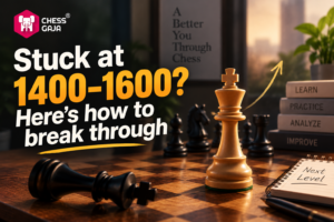 A chessboard with a white king in focus, text reads: “Stuck at 1400-1600? Here’s how to break through,” with notepad and motivational words in the background.