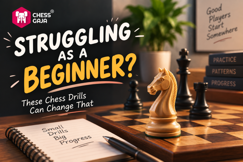 A chessboard with pieces, a notebook titled “Small Drills Big Progress,” and motivational signs; text overlay says, “Struggling as a beginner? These chess drills can change that.”.