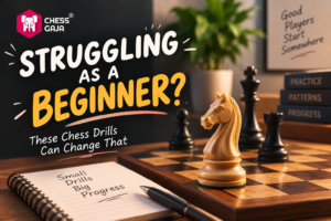 A chessboard with pieces, a notebook titled “Small Drills Big Progress,” and motivational signs; text overlay says, “Struggling as a beginner? These chess drills can change that.”.