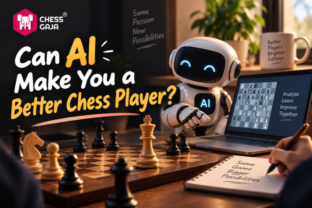 A robot labeled “AI” sits at a chessboard with a laptop displaying a chess game, alongside text asking if AI can make you a better chess player.