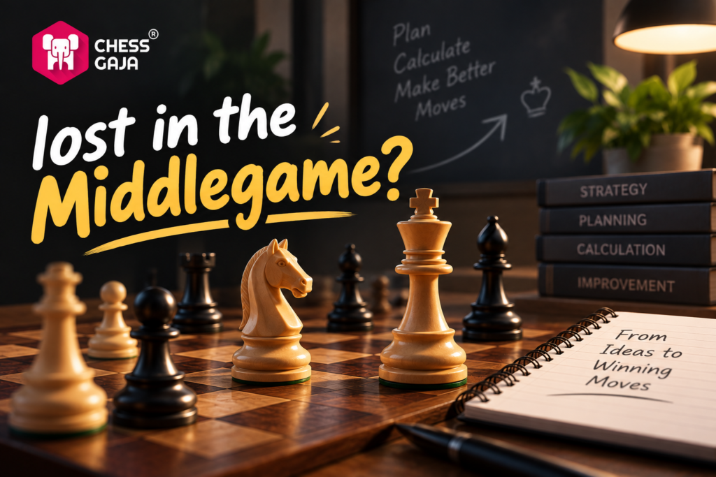 A chessboard with pieces in play, a notebook titled “From Ideas to Winning Moves,” and a stack of strategy books. A sign reads “Lost in the Middlegame?” with a chalkboard in the background.