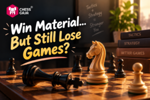 A chessboard with toppled black king and upright white knight, surrounded by chess books titled “Tactics,” “Strategy,” and “Better Games.” Text reads, “Win Material... But Still Lose Games?”.