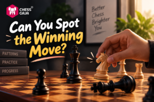 A person moves a white knight on a chessboard; black king is in check. Text on image: “Can You Spot the Winning Move?” and “Better Chess Brighter You.”.