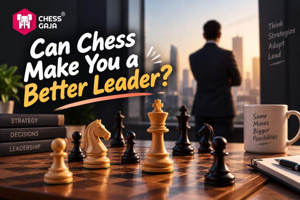 A chessboard with pieces in focus, leadership books stacked beside it, and a person in a suit looking out a city window; text discusses chess and leadership skills.