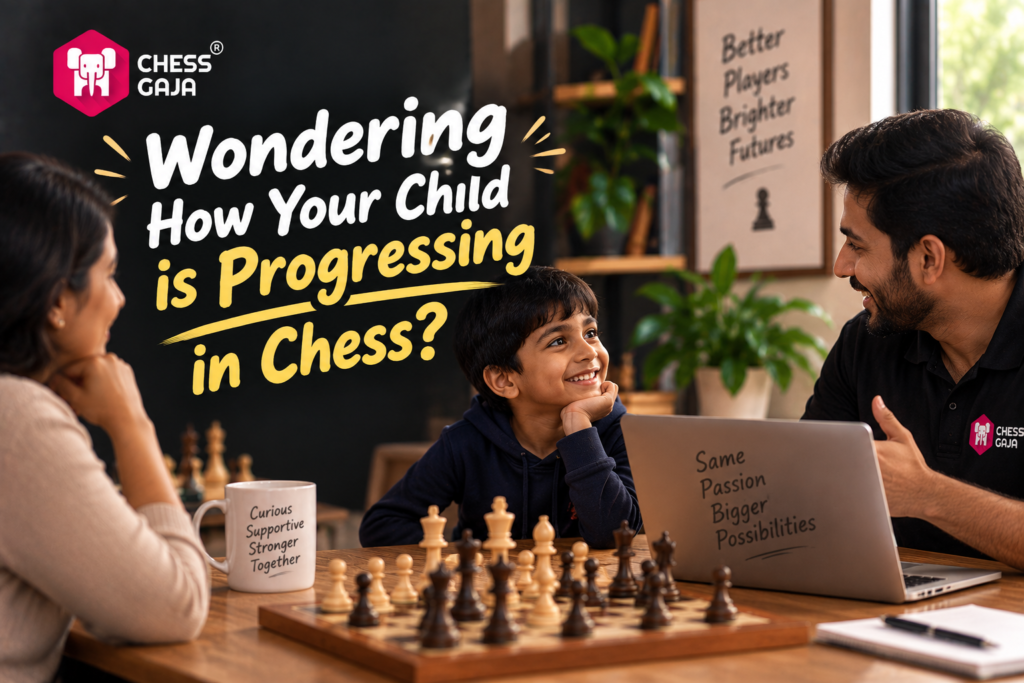 A child smiles at two adults across a table with a chess board, surrounded by motivational signs about chess progress and support.