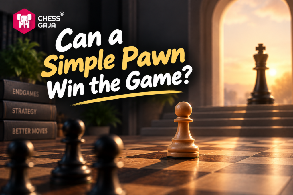 A pawn stands on a chessboard facing a distant king, with the text “Can a Simple Pawn Win the Game?” and chess strategy books in the background.