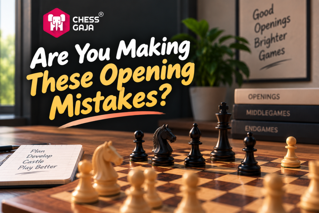 A chessboard with chess pieces set up, a notebook labeled “Plan, Develop, Castle, Play Better,” and books titled “Openings” and “Middlegames” on a table; text discusses opening mistakes.