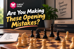 A chessboard with chess pieces set up, a notebook labeled “Plan, Develop, Castle, Play Better,” and books titled “Openings” and “Middlegames” on a table; text discusses opening mistakes.