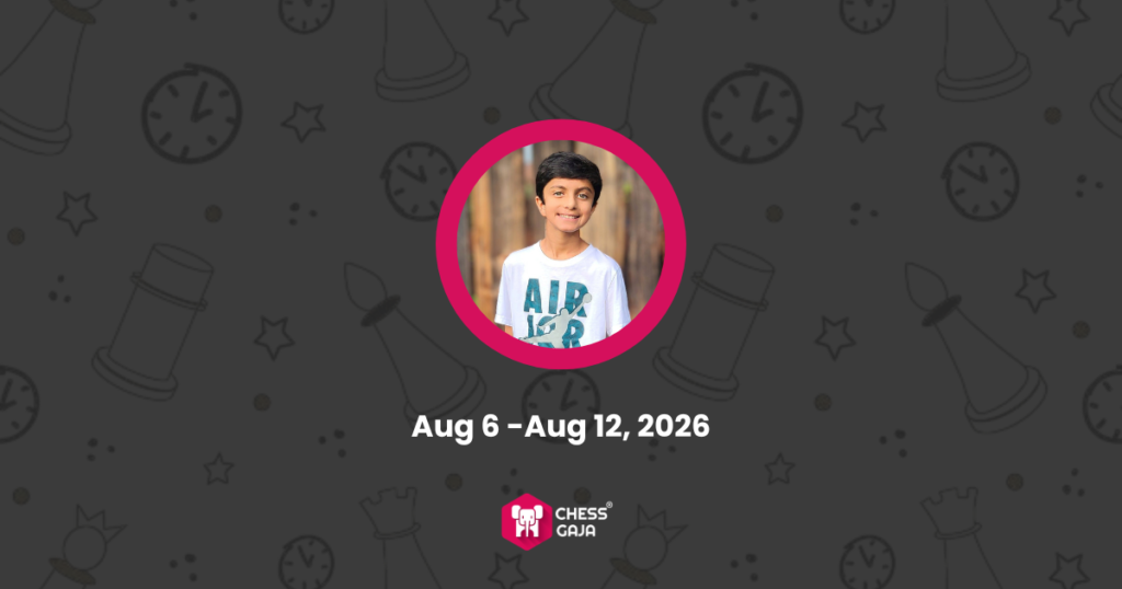 Smiling boy in a white “AIR 13” shirt, framed in a pink circle, with event dates Aug 6 – Aug 12, 2026, on a chess-themed background.