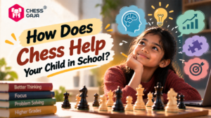 A girl sits at a chessboard with a stack of books labeled “Better Thinking,” “Focus,” “Problem Solving,” and “Higher Grades.” Graphic icons above her show a brain, lightbulb, chart, puzzle piece, and target.