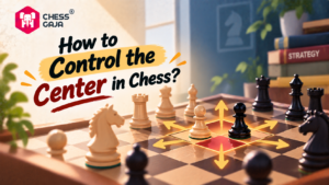 Chess Gaja instructional graphic titled “How to Control the Center in Chess?” showing a chessboard with arrows indicating control of the central squares.