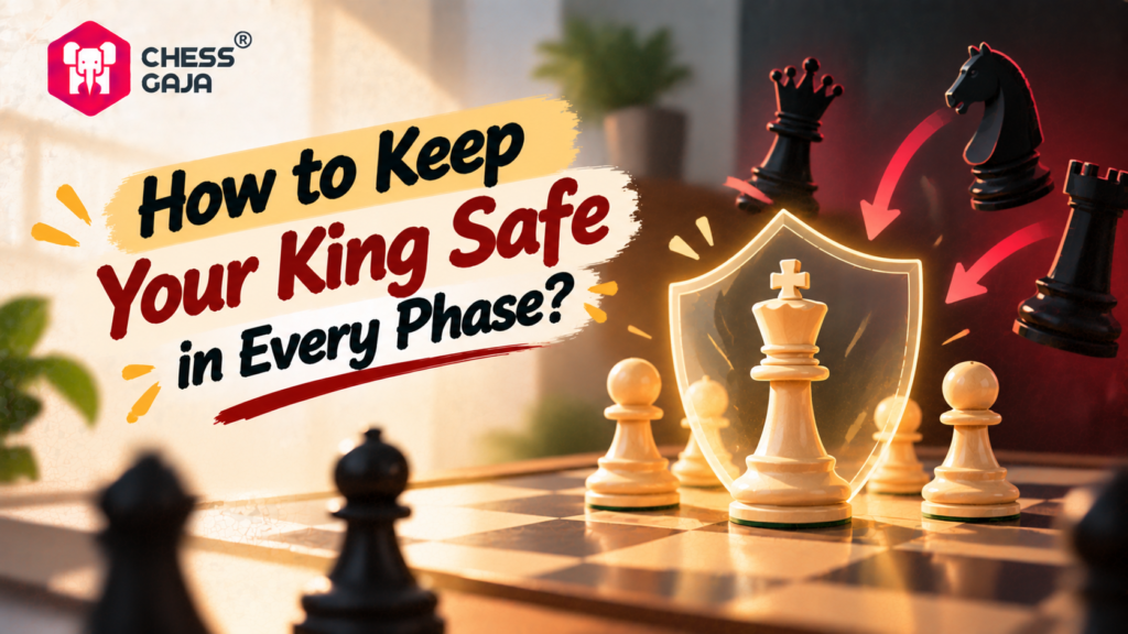A white king chess piece protected by a glowing shield on a chessboard, surrounded by black pieces with red arrows pointing toward the shield. Text reads: “How to Keep Your King Safe in Every Phase?”.
