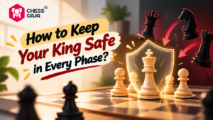 A white king chess piece protected by a glowing shield on a chessboard, surrounded by black pieces with red arrows pointing toward the shield. Text reads: “How to Keep Your King Safe in Every Phase?”.