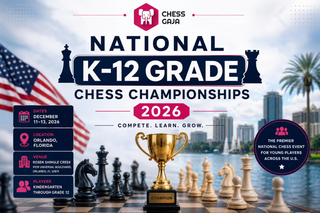 A gold chess trophy with chess pieces in front of a city skyline, promoting the 2026 National K-12 Grade Chess Championships in Orlando, Florida.