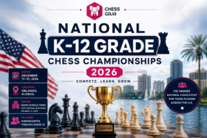 A gold chess trophy with chess pieces in front of a city skyline, promoting the 2026 National K-12 Grade Chess Championships in Orlando, Florida.