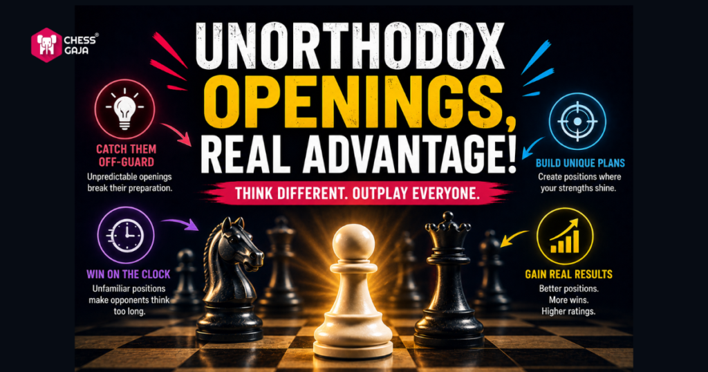 A chessboard with text promoting unorthodox openings for competitive advantage, featuring icons and short benefits like surprise, unique plans, time pressure, and better results.
