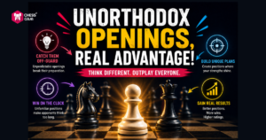 A chessboard with text promoting unorthodox openings for competitive advantage, featuring icons and short benefits like surprise, unique plans, time pressure, and better results.