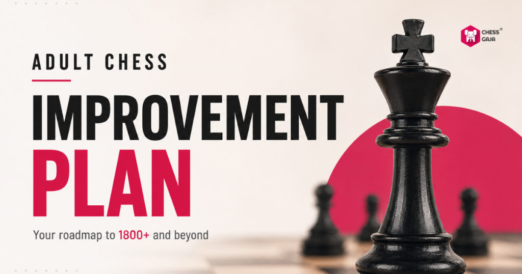 A large black king chess piece stands in focus; text reads “Adult Chess Improvement Plan. Your roadmap to 1800+ and beyond.” Chess Guru logo appears in the upper right corner.