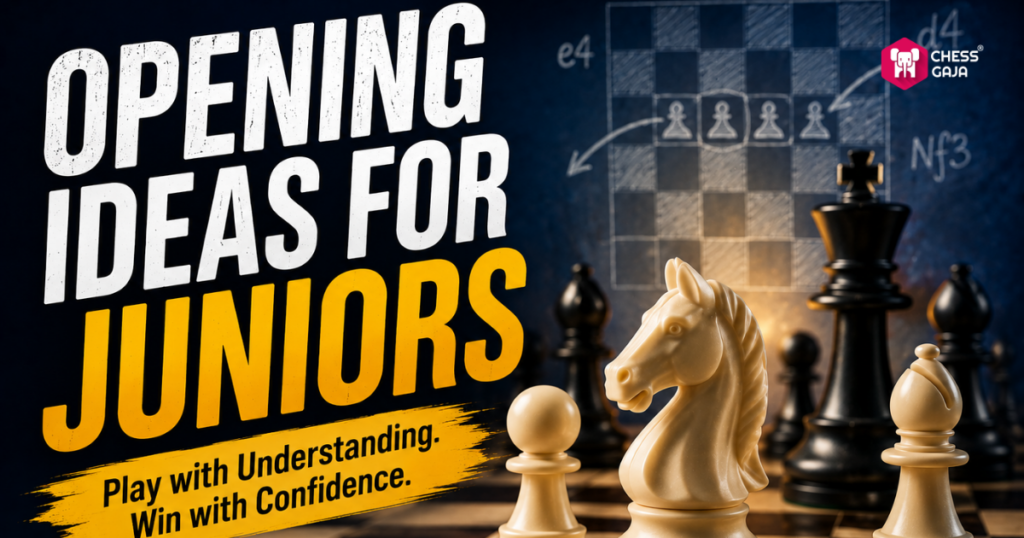 Chess pieces in the foreground, a chessboard with an opening move diagram in the background, and bold text reading “Opening Ideas for Juniors. Play with Understanding. Win with Confidence.”.
