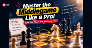 Chess middlegame strategy tips with a glowing knight on a board, note listing strategies, and highlighted text promoting mastery of the middlegame.