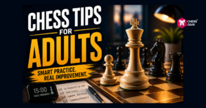 A chessboard with large pieces, a digital clock, and a checklist. Text reads: “Chess Tips for Adults. Smart Practice. Real Improvement.”.