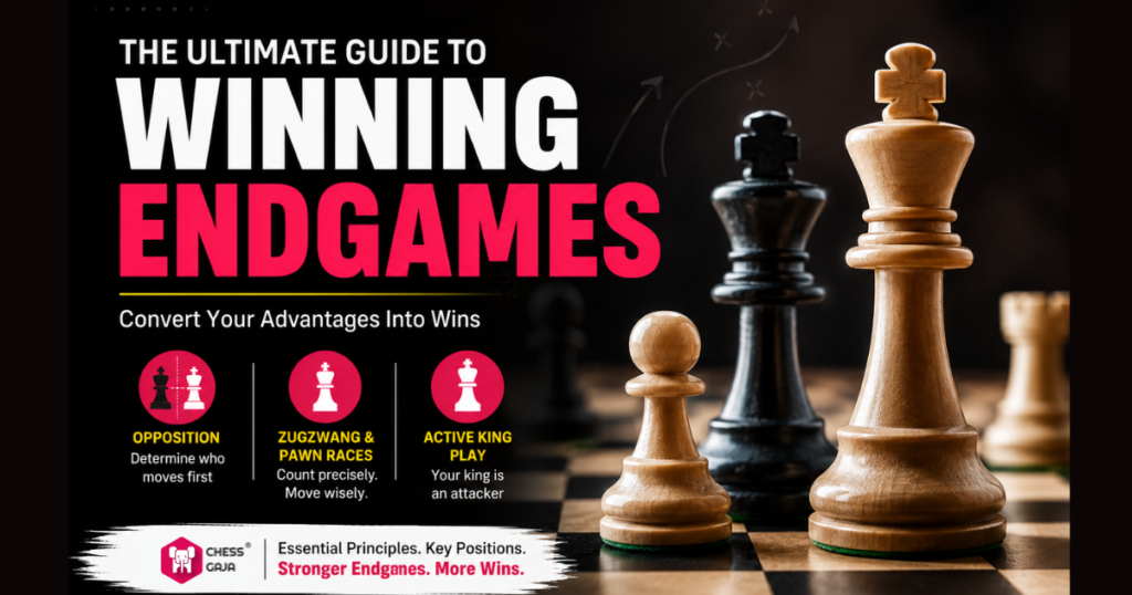 A chessboard with large chess pieces in focus; text reads “The Ultimate Guide to Winning Endgames” with tips and key endgame principles explained.