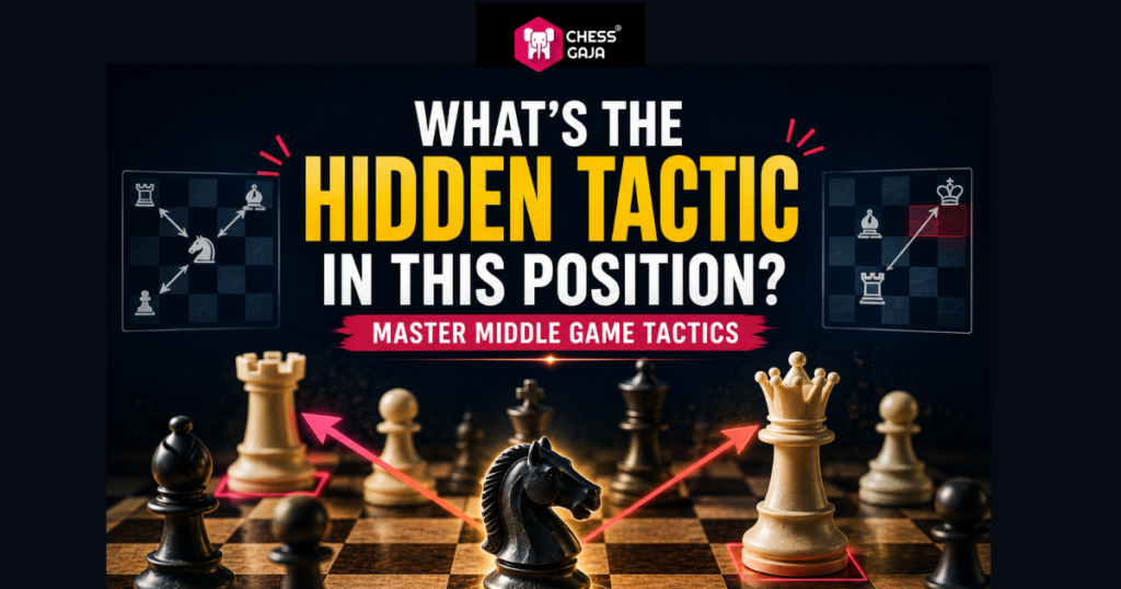 Chess board with pieces, arrows, and text: “What’s the hidden tactic in this position? Master middle game tactics.” Chess Gaja logo at the top.