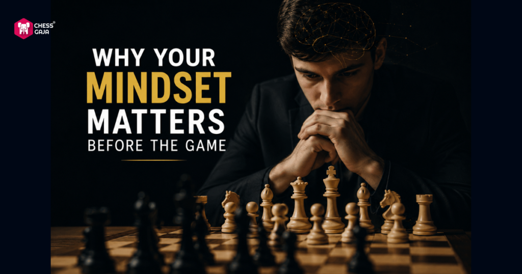 A person sits at a chessboard, deep in thought. Text reads: “Why your mindset matters before the game.” Chess pieces are positioned in the foreground.