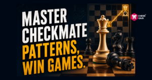 A chessboard with a white queen and king in focus, black king toppled over. Text reads: “Master checkmate patterns, win games.” Chess Guva logo in top right corner.