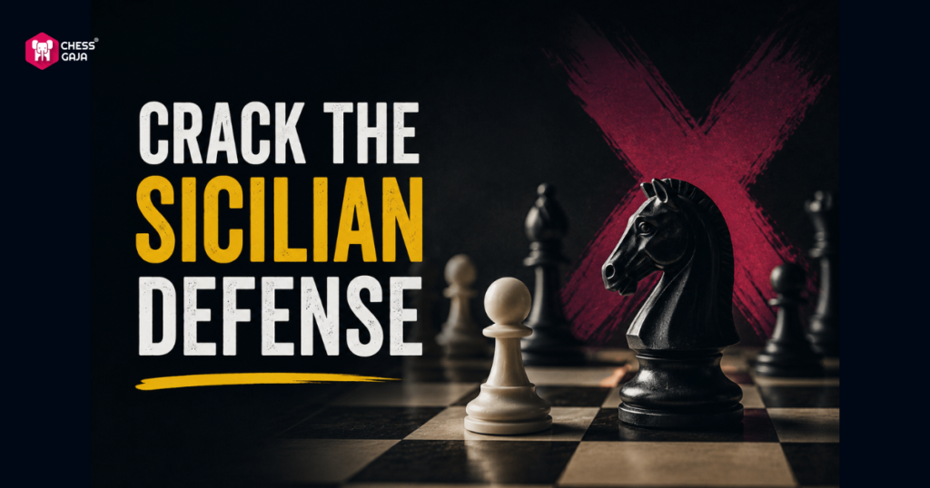A white pawn and black knight on a chessboard with the text “Crack the Sicilian Defense” and a large red X in the background.
