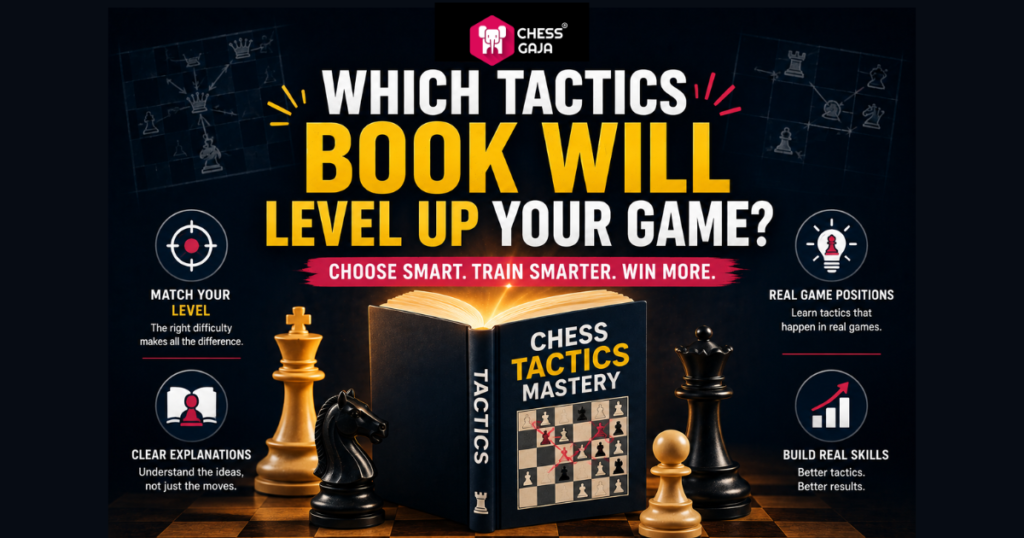 Promotional image for “Chess Tactics Mastery” book, showing chess pieces and listing benefits like clear explanations, game simulations, skill-building, and matching skill level.
