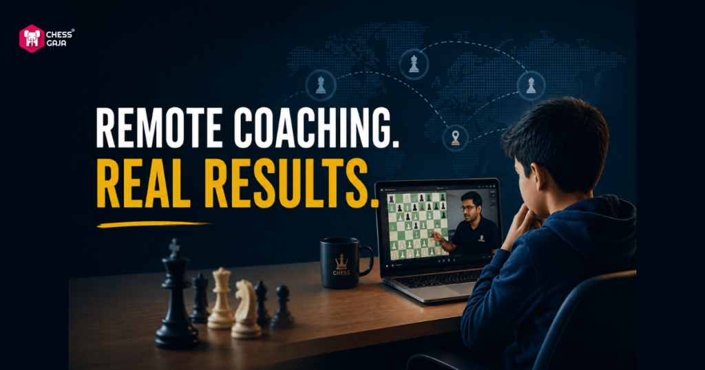 A boy sits at a desk playing chess while receiving virtual coaching from a man on a laptop, with the text “Remote Coaching. Real Results.” displayed.