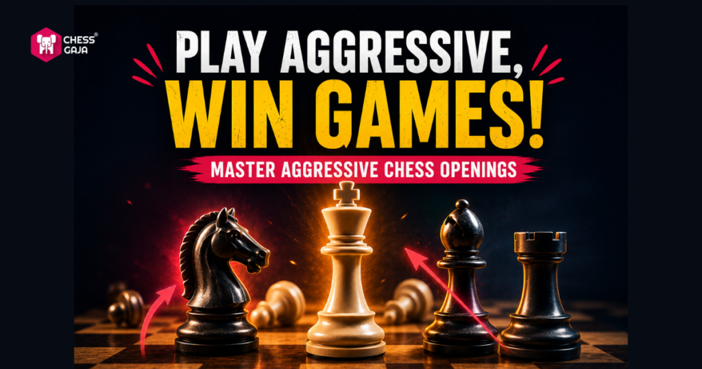 A chessboard with highlighted knight, queen, and rook pieces, and bold text reading “Play Aggressive, Win Games! Master Aggressive Chess Openings.”.