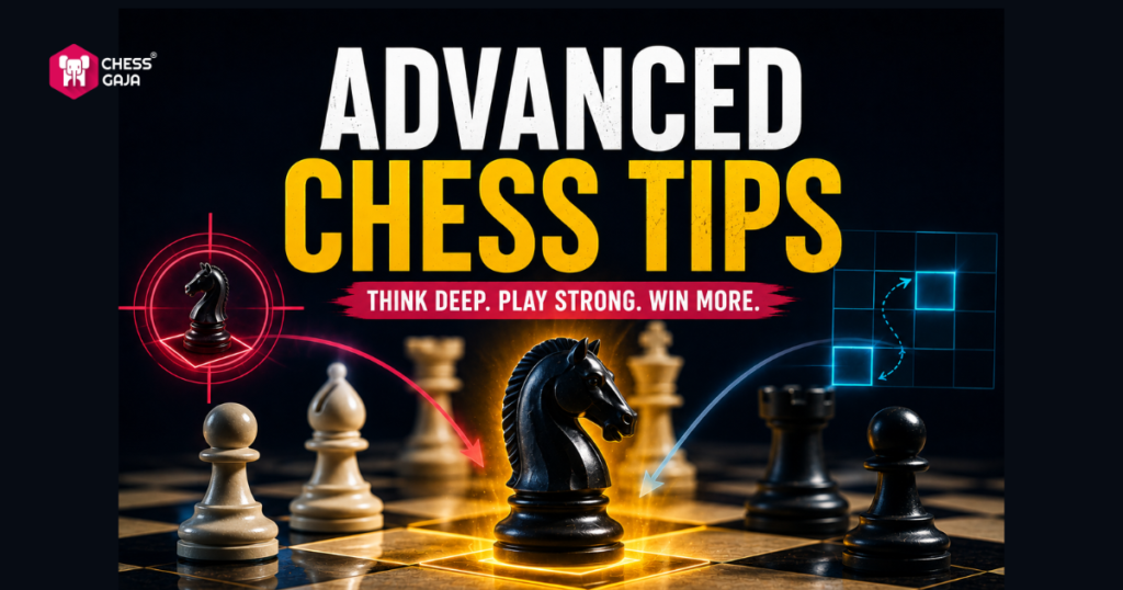 A black knight chess piece is highlighted in the center with the text “Advanced Chess Tips. Think deep. Play strong. Win more.” on a dark background.