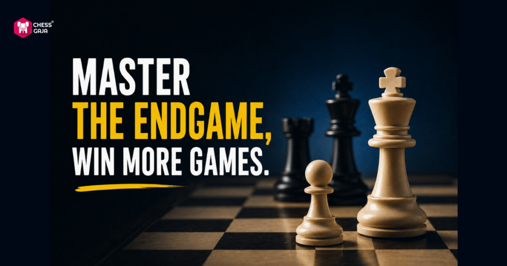 Chess pieces on a board with the text, “MASTER THE ENDGAME, WIN MORE GAMES.” Logo for “Chess Goa” in the top left corner.