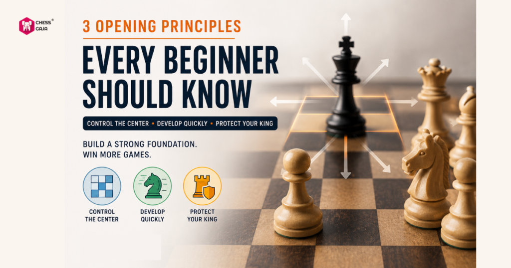 A chessboard with arrows from a central pawn to other pieces, illustrating three opening principles: control the center, develop quickly, and protect your king.