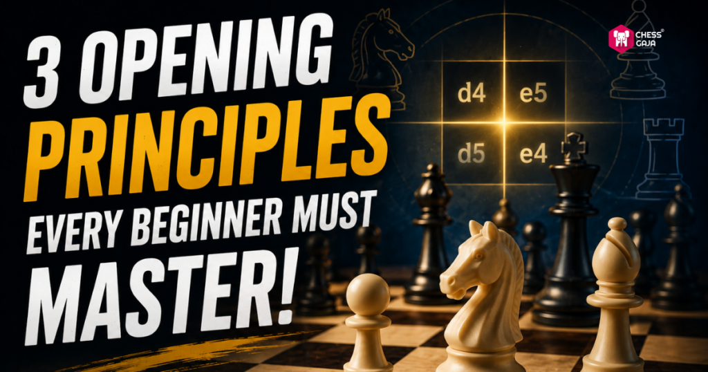 Text reads: “3 Opening Principles Every Beginner Must Master!” with chess pieces, a knight in front, and highlighted chessboard squares d4, e4, d5, and e5 in the background.