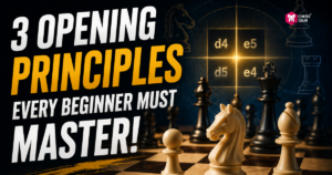Text reads: “3 Opening Principles Every Beginner Must Master!” with chess pieces, a knight in front, and highlighted chessboard squares d4, e4, d5, and e5 in the background.