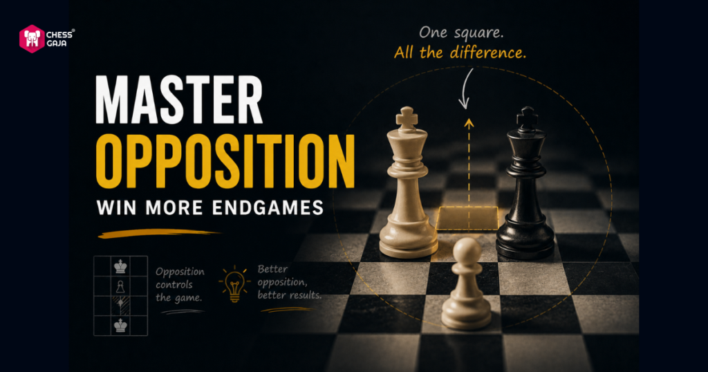 A chessboard displays three pieces and text: “Master Opposition, Win More Endgames.” An arrow highlights one square, with captions stressing the importance of opposition in chess endgames.