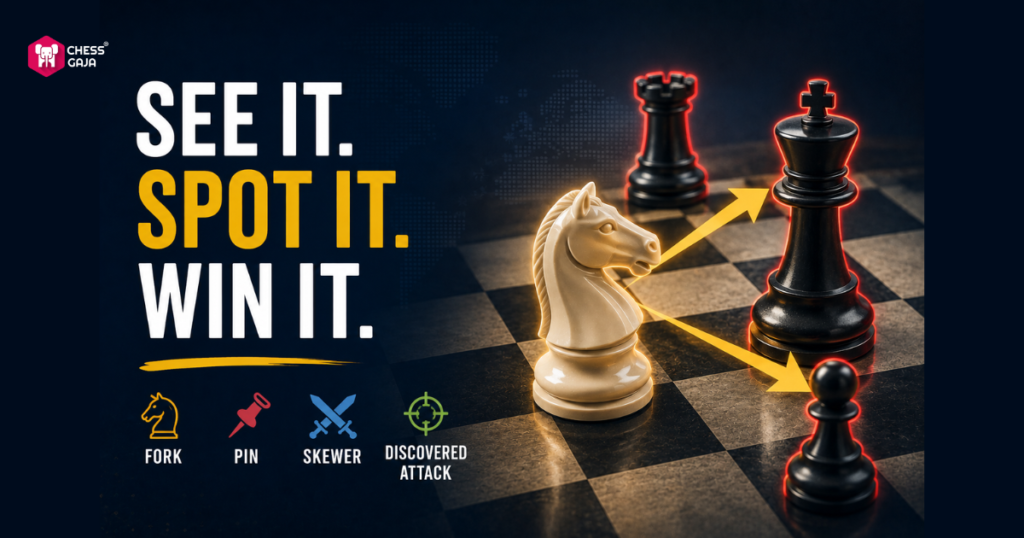A chess knight attacks a black king and rook on a board, demonstrating the concept of a fork. Text reads: “See it. Spot it. Win it.” with chess tactic icons listed below.