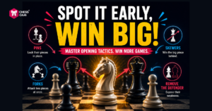 Chess tactics infographic showing a white knight on a chessboard, with text highlighting pins, forks, skewers, and removing the defender as key strategies to win more games.