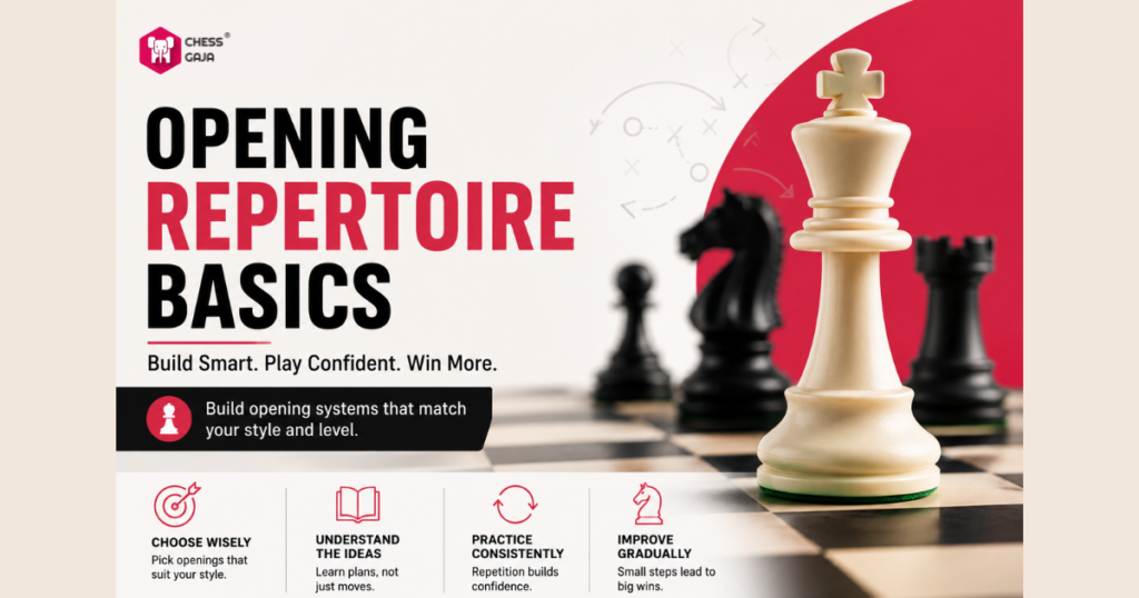 A promotional graphic for chess opening repertoire basics, featuring chess pieces, key tips, and icons for choosing, understanding, practicing, and improving chess openings.