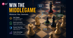A chessboard displays a middlegame scenario with highlighted squares and arrows, illustrating chess strategies such as spotting targets, building coordination, and improving position.