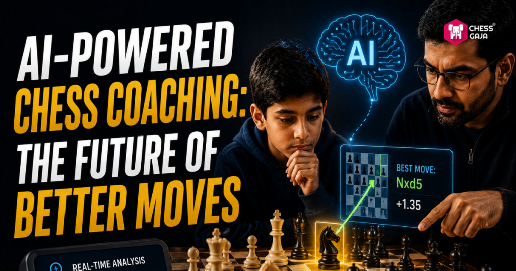 A man and a boy play chess, while digital graphics show AI-powered analysis and suggested moves. Text reads: “AI-Powered Chess Coaching: The Future of Better Moves.”.
