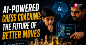 A man and a boy play chess, while digital graphics show AI-powered analysis and suggested moves. Text reads: “AI-Powered Chess Coaching: The Future of Better Moves.”.