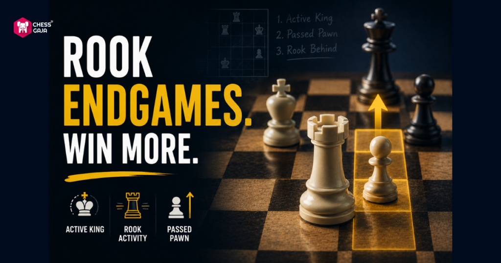 A chessboard with text “ROOK ENDGAMES. WIN MORE.” shows white rook and king versus black king and pawn, with icons for active king, rook activity, and passed pawn.