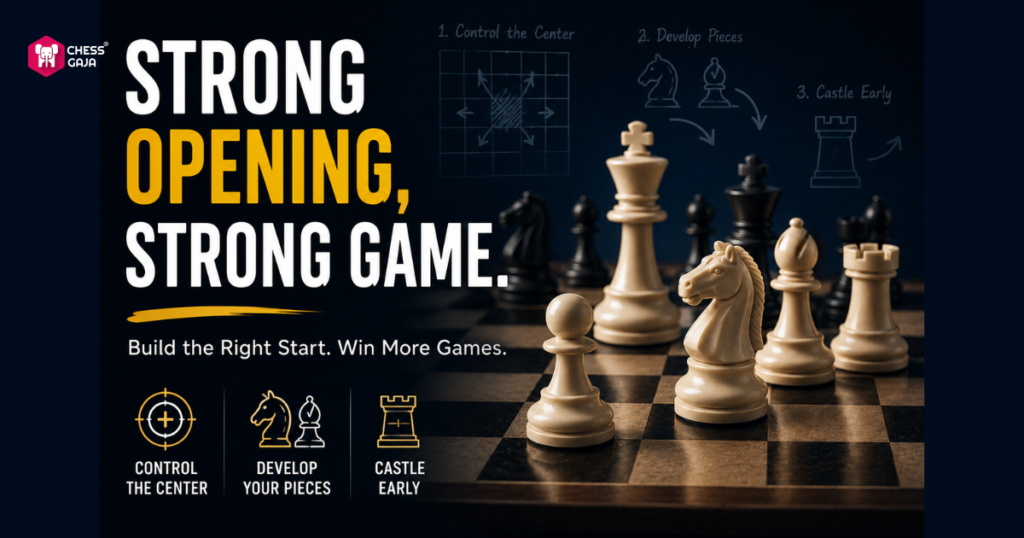 A chessboard with pieces in play, strategy sketches on a blackboard, and text promoting chess opening tactics: control the center, develop pieces, and castle early.