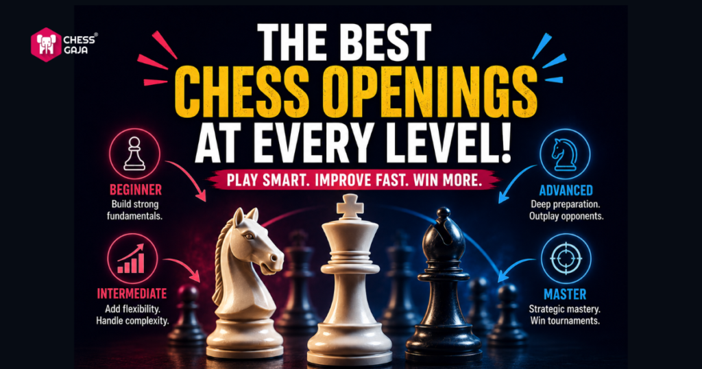 A promotional graphic for chess openings, showing chess pieces and listing four skill levels: Beginner, Intermediate, Advanced, and Master, each with specific focus areas.