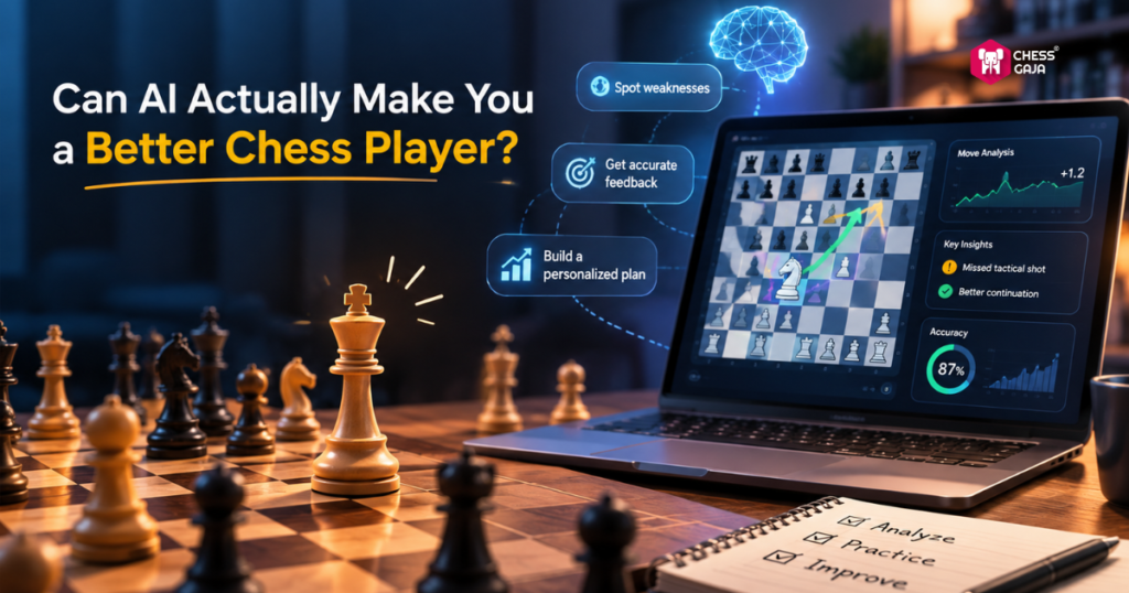 A chessboard, notebook, and laptop displaying a chess game with AI analysis, illustrating AI tools for improving chess skills.